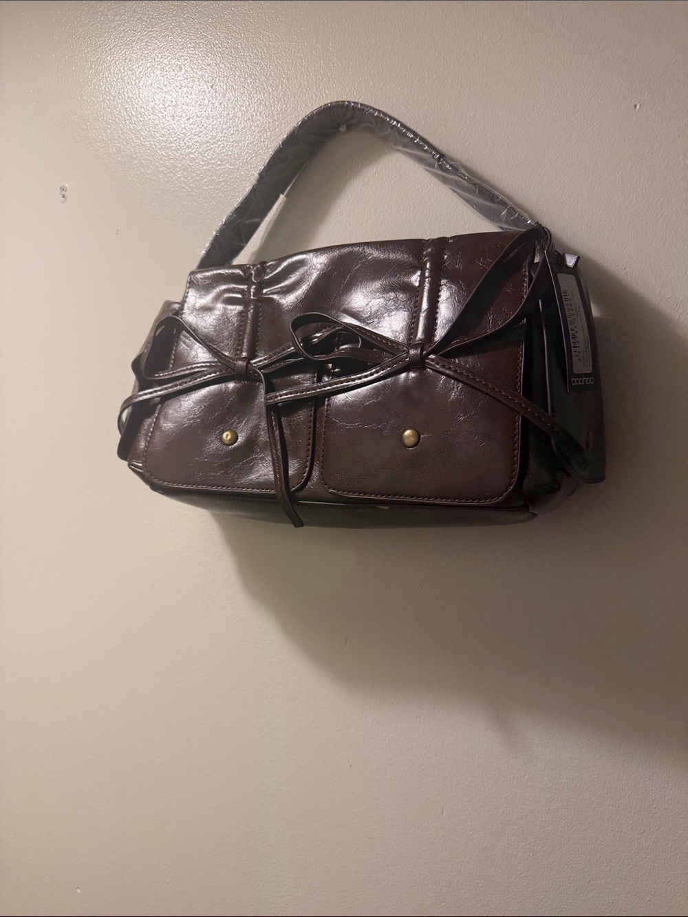 Boohoo Brown Faux Leather Shoulder Bag with Front Bow